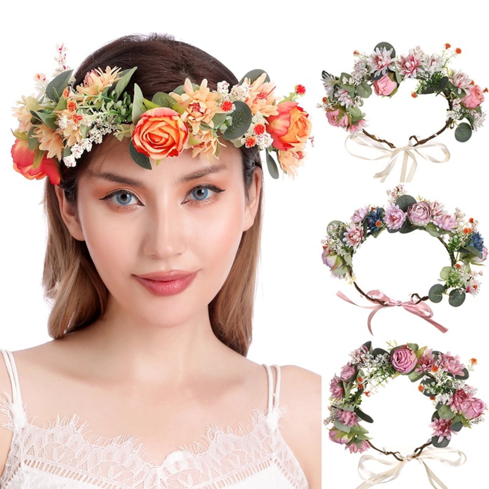 Adjustable Women's Flower Crown Headband Hair Wreath Garland Wedding Ribbon 
