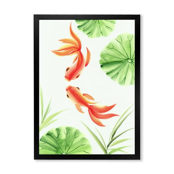 Designart 'The Lotus Leaves With Goldfishes' Nautical & Coastal Framed Art Print