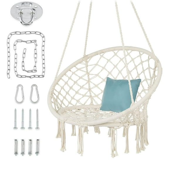 Macramé Hanging Chair, Handwoven Cotton Hammock Swing for Indoor & Outdoor Use w/Mounting Hardware, Backrest, 265lb Capacity - Beige