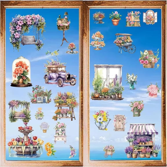 8 Sheets Flower Wall Stickers Hanging Chairs Carts Bonsai Flower Baskets PVC Waterproof Self Adhesive Wall Decals Removable for Window Decor Clings Stairway TV Art Housewarming Birthday Gift