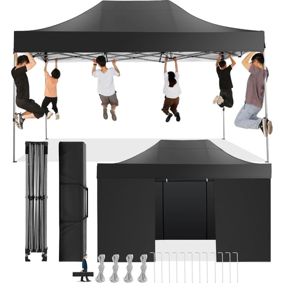 SANOPY 10x15 FT Heavy Duty Pop up Canopy , Commercial Canopy Tent, Adjustable Height Party Tent with 4 Removable Sidewalls, Handbag, Black