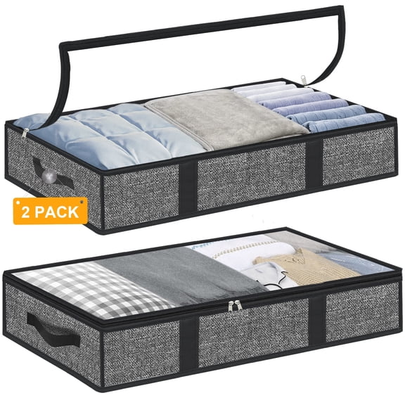 Homyfort Large Under Bed Storage Containers ,2 Pack Foldable Underbed Organizer Bags Box Bins with Handles, Zippers,Clear Window for Closet,Seasonal Clothes,Blanket, Comforter, Bedding 90L(Gray)