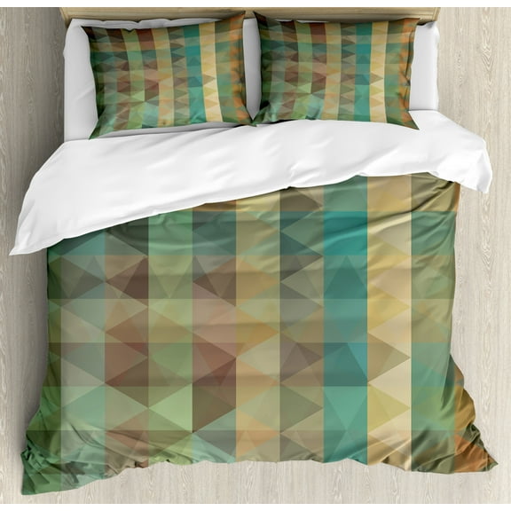 Sage Duvet Cover Set King Size, Colorful Vertical Lines with Triangles Abstract Geometrical Mosaic Form Retro Style, Decorative 3 Piece Bedding Set with 2 Pillow Shams, Multicolor, by Ambesonne