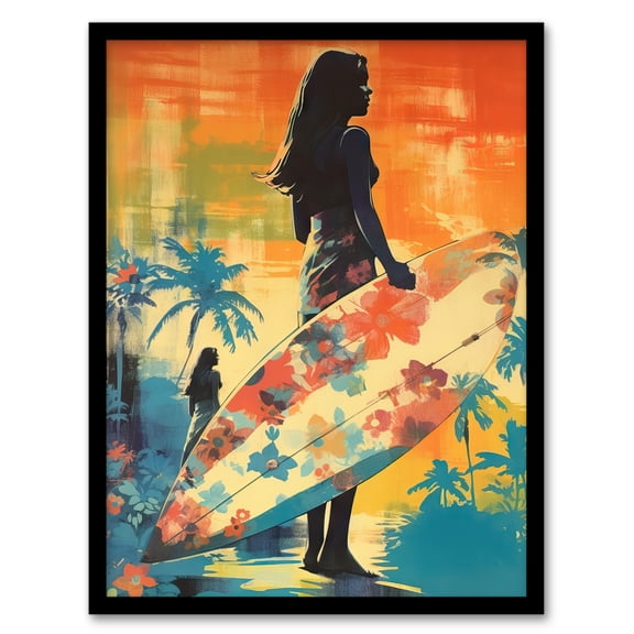 Hawaiian Surf Print Retro Palm Tree Floral In Blue And Orange Vibrant Bold Bright Colourful Painting Art Print Framed Poster Wall Decor 12x16 inch