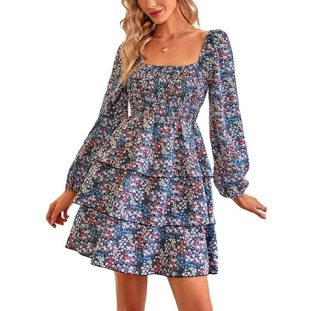 Lucakuins, minivestido de verano para mujer, estampado Floral, cuello cuadrado, manga larga, volantes, pastel, primavera otoño, vestido informal Lucakuins moda
