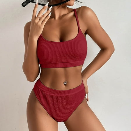 POROPL Womens Swim Suits Bikini High Waisted Halter Top Swim Padded Lace Swim Red Size S-XL