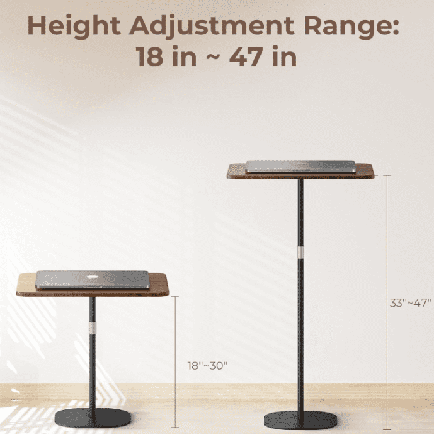 Portable Laptop Floor Stand, Bedside/Sofa Table with Height Adjustable 18''~47'', Stylish Movable Workstation Floor Standing Desk for Office, Meeting Room, Living Room Easy Assembly, Black