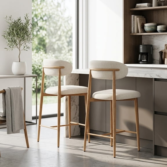 Counter Height Bar Stools Set of 2, Modern Upholstered Barstools with Metal Legs in Beige