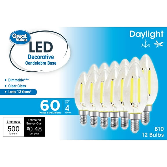 Great Value LED, 4W (60W Eqv) B10 Deco Lamp E12 Candelabra Base, Dimmable, Daylight, 12pk