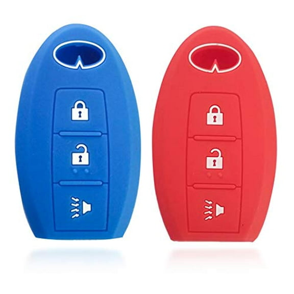2pcs Dobrev Silicone 3 Buttons Smart Key Case Rubber Cover Skin Fob Holder for Infiniti FX35 FX50 EX35 QX50 Smart Key 3B FCC ID KR55WK49622 (red and Blue)