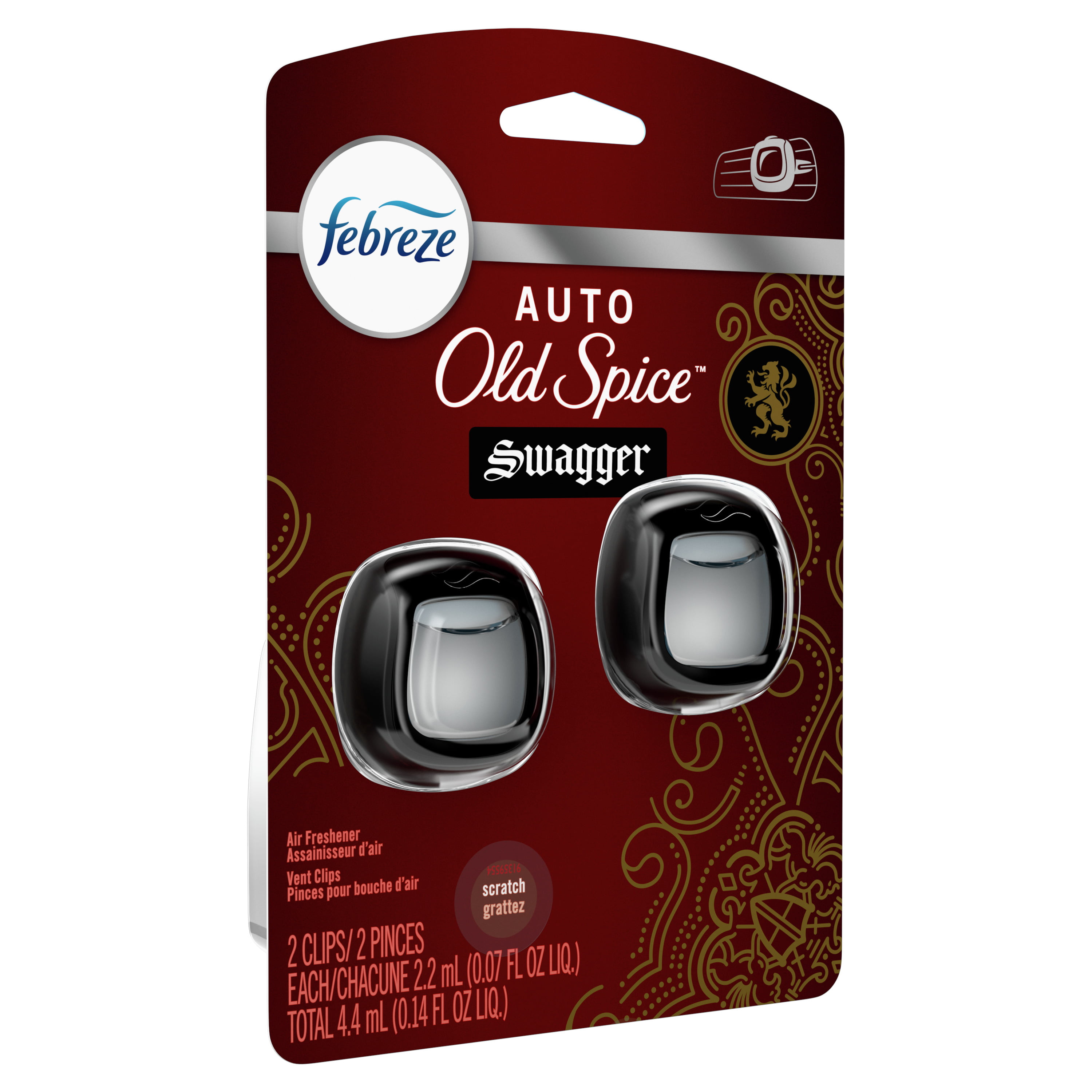 Febreze AUTO Odor-Eliminating Car Freshener Old Spice Swagger, .07 oz. Car  Vent Clip, Pack of 2 