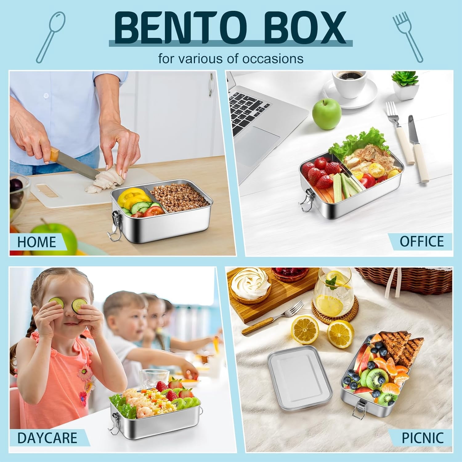 Stainless Steel Bento Box,Metal Bento Lunch Box,Food Storage Containers,Lunch Box,Adjustable Divider Included-Lockable Clips to Leak Proof-Dishwasher Safe-BPA free,28.7oz/850ml-1Pc