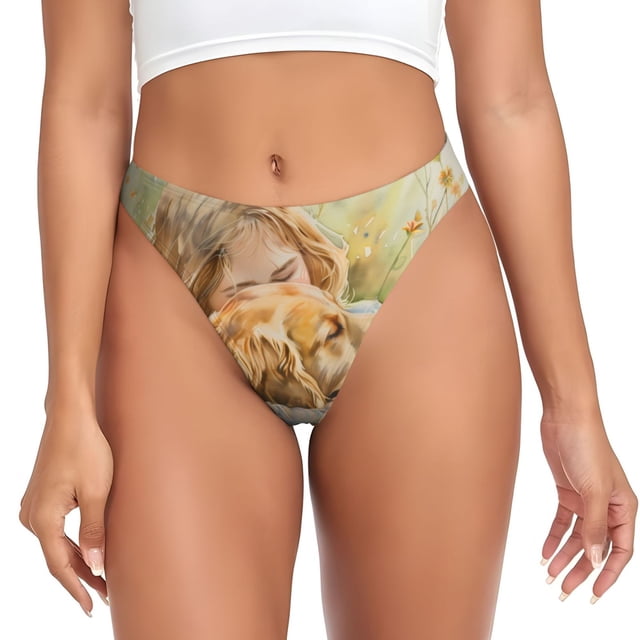 Fotbe Girl Hugging Dog Flowers Tanga Sin Costuras para Mujer con Estampado – Panties Invisibles, Transpirables y Cómodos para Uso Diario-4X-Large