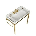 thumbnail image 2 of 36 Inch Bathroom Console Sink Wall-Mounted White Ceramic Vanity Basin with 3 Pre-Drilled Holes, Stainless Steel Support Legs & Towel Bar, Gold Finish No Faucet Included, 2 of 5