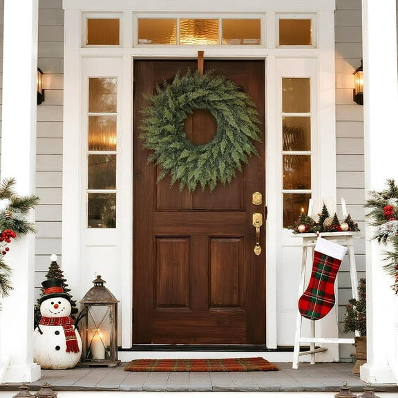 LEJHVAQK 22" Real Touch Artificial Cedar Wreath - Faux Christmas Wreaths for Front Door, Faux Pine Green Wreath for Home, Holiday, Fireplace, Mantle, Wall, Windows, Xmas, Outdoor Decoration