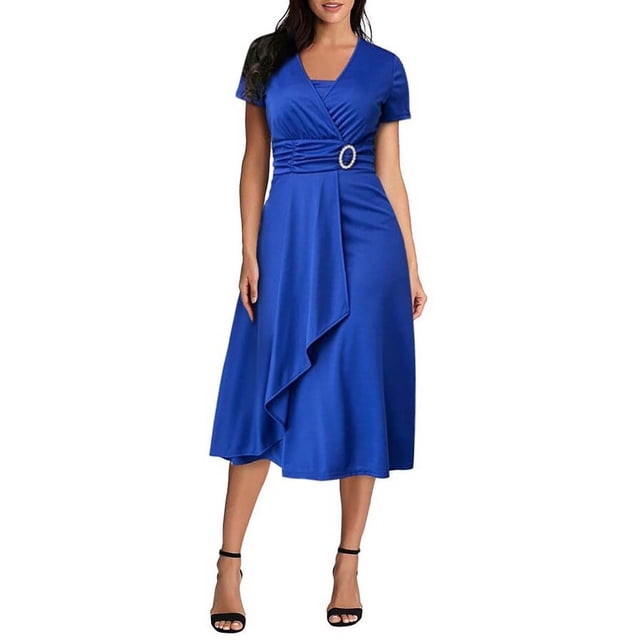 MPWEGNP Robes Femmes Vintage Solide Col en V Manches Courtes Soirée Ourlet Irrégulier Longue Robe Réveillon Bleu