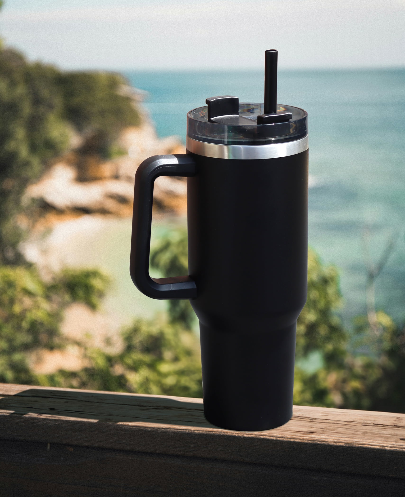 Mainstays 40 oz Stainless Steel Tumbler with Straw, Handle and Double-Wall Insulation, Black