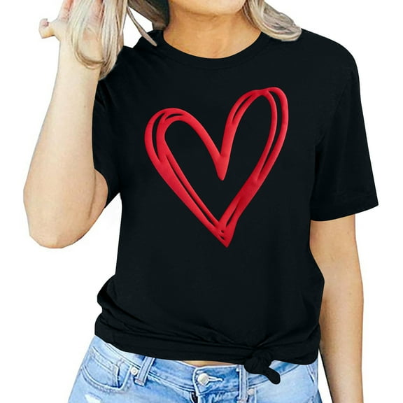 Tbopshirt Valentine's Day T-Shirts for Women Tees,Plus Size Womens Tops,Women Valentines Day Short Sleeve Heart Printed T-Shirt Novelty Graphic S-XXXL