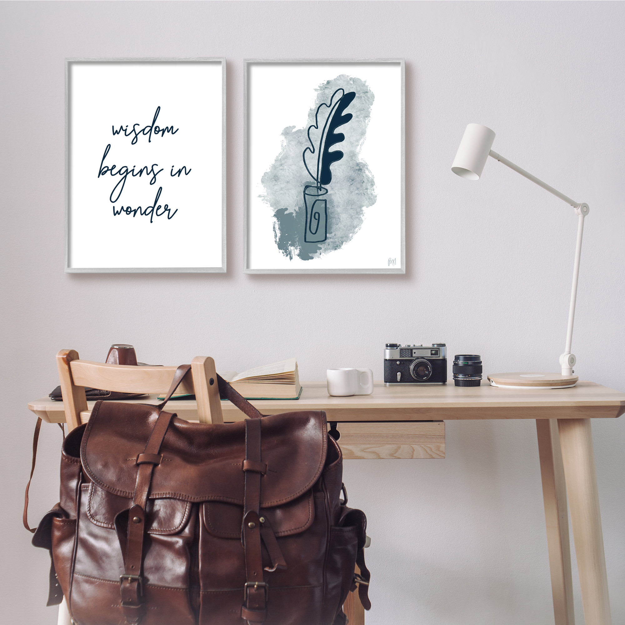 Wisdom Begins in Wonder Abstract Blue Ink Quill 16 in x 20 in Framed Painting Art Prints, by Stupell Home Décor Set of 2