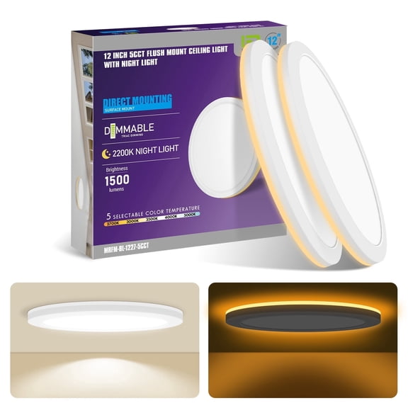 MW 12 Inch Dimmable LED Flush Mount Light, 24W 1500Lm 5CCT 2700K-5000K Round White Surface Mount Ceiling Fixture, Night Light for Bedroom Living Room,2PCS