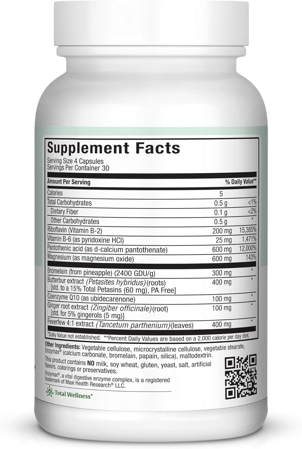 Maxi Health Migraine Max – Migraine & Headache Support with Feverfew, Magnesium & CoQ10 – 120 Capsules