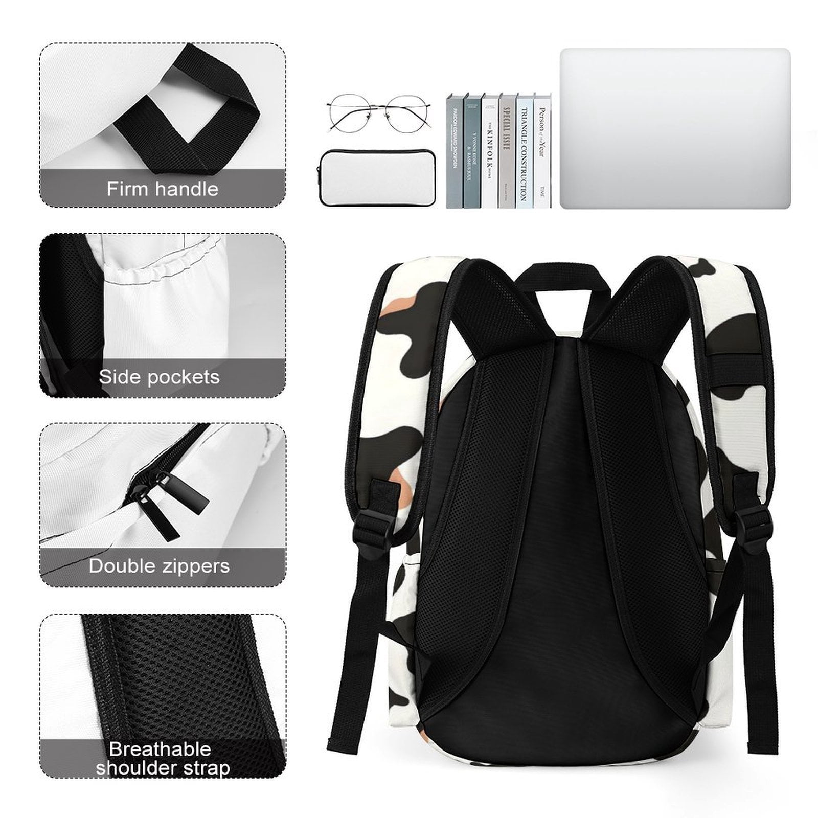 Large Capacity Half Print Backpack 11.8×16.5×5.9in Multifunctional Zipper Design Convenient Switch Simple Cow Print Pattern1_1