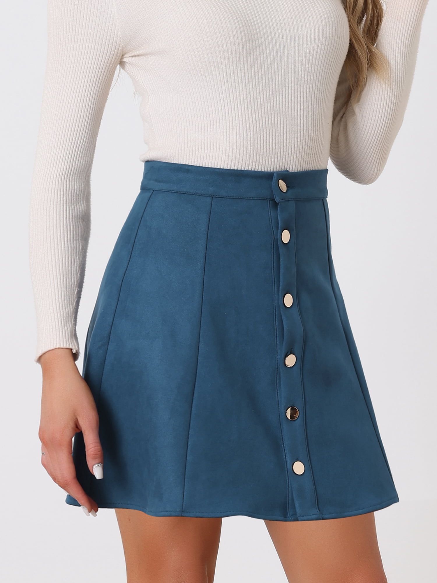 DARING DIVA Women's Faux Suede Button Front Mini A-Line Skirt M Peacock Blue