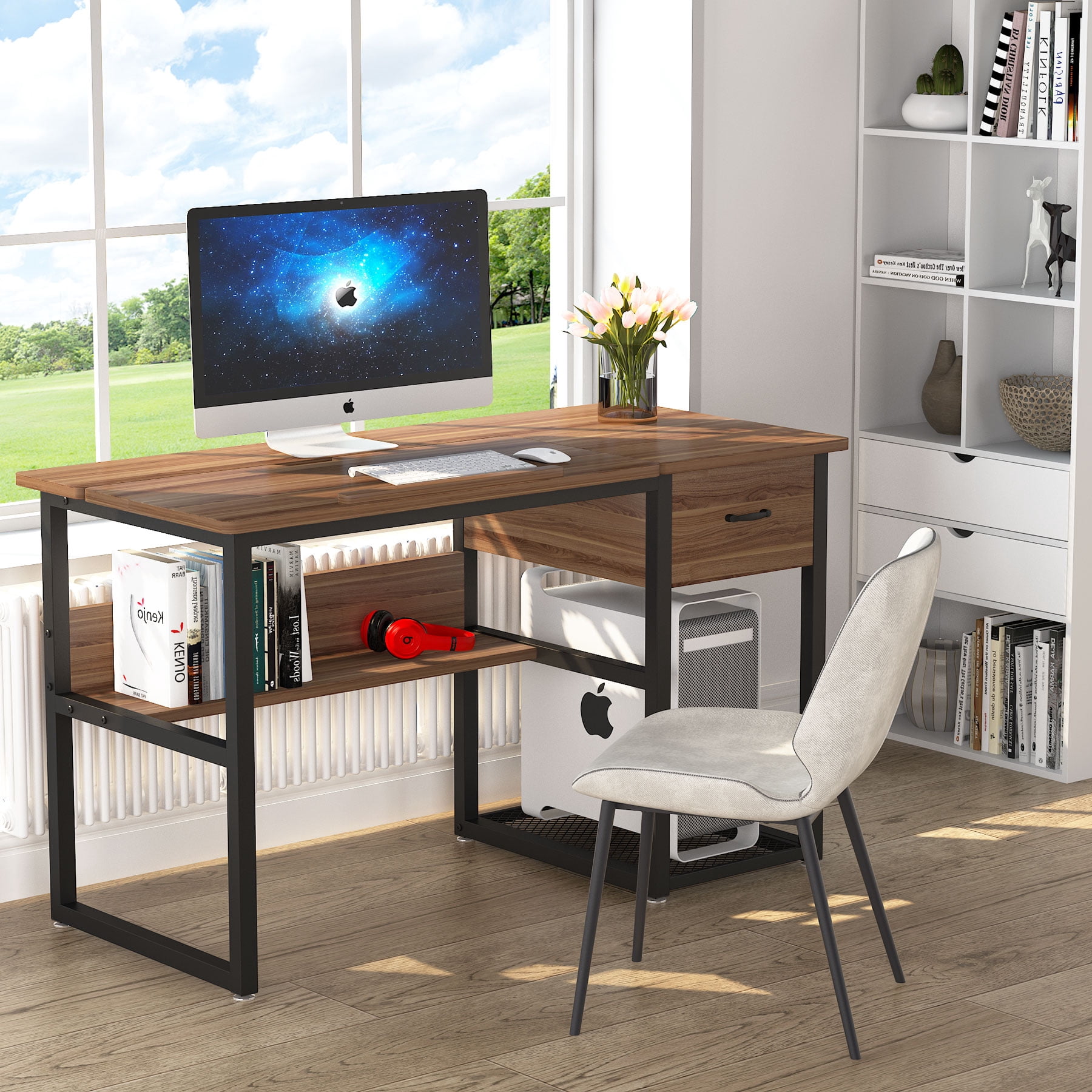 Tribesigns Drawing Computer Desk with Tiltable Tabletop, Painting Drafting Desk Workstation with Storage Shelves and Drawer for Students, Home Office