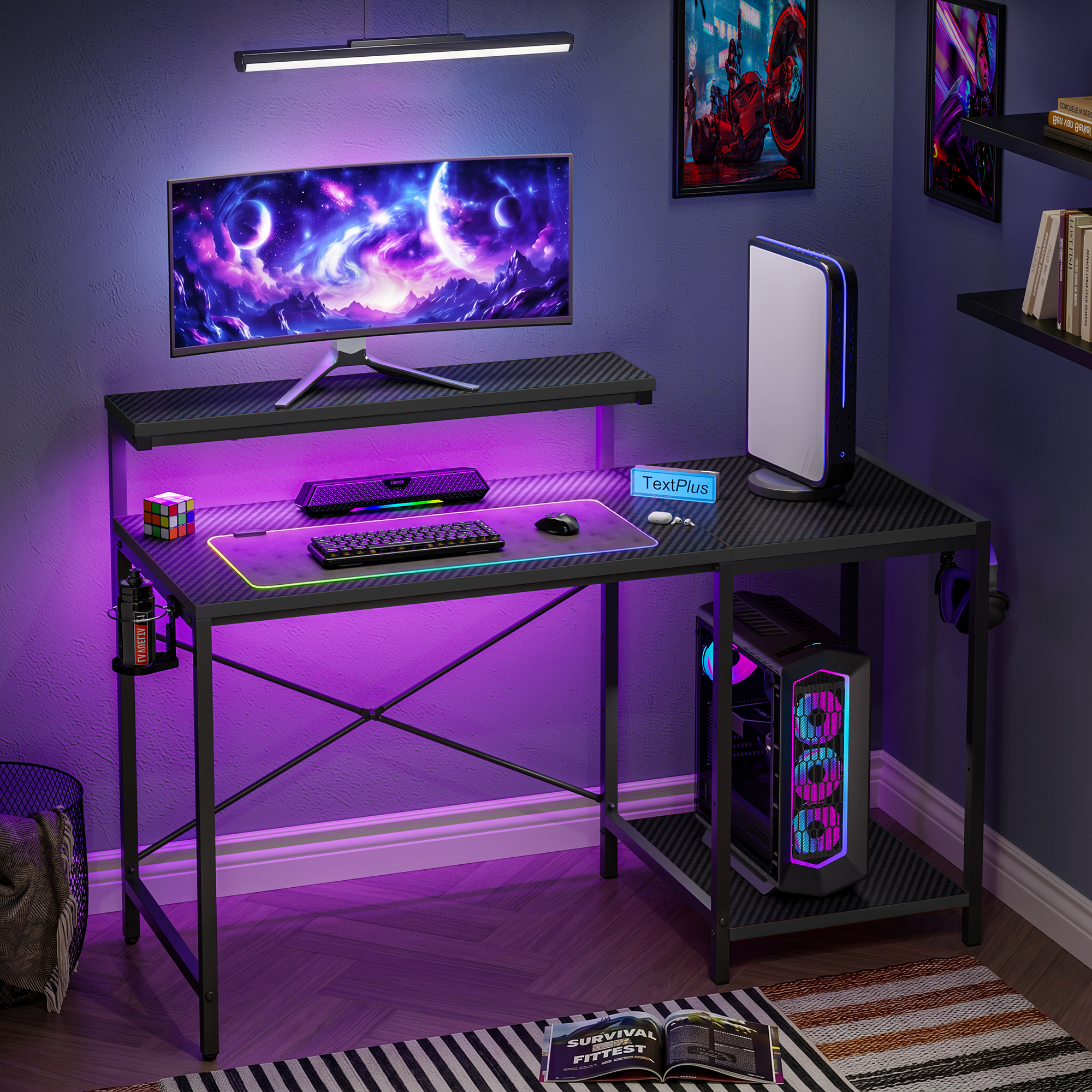 RSPGAME 47" Gaming Desk with Monitor Stand and RGB LED Lights photo 3