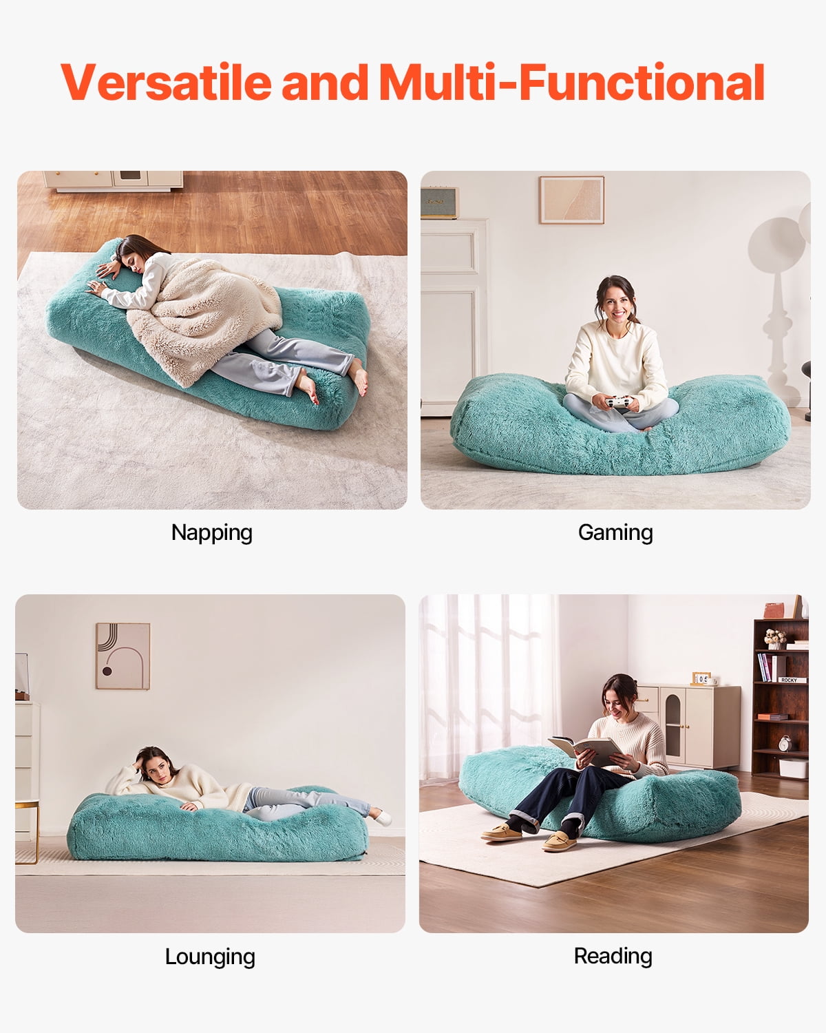 VEVOR Bean Bag Chair, Giant BeanBag Chair with Removable & Washable Cover for Adults, Fluffy Plush & High-Density Foam Filling Floor Adult Bean Bag with Zapper, Ideal for Living Room, Bedroom, Blue