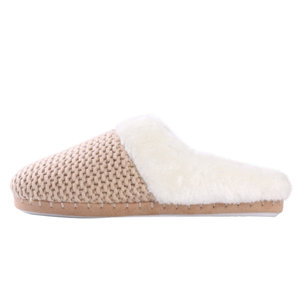 Women's Cozy Woven Knit Soft Plush Slippers with No-Slip Rubber Sole For Indoor, Outdoor, Spa Use (Beige)