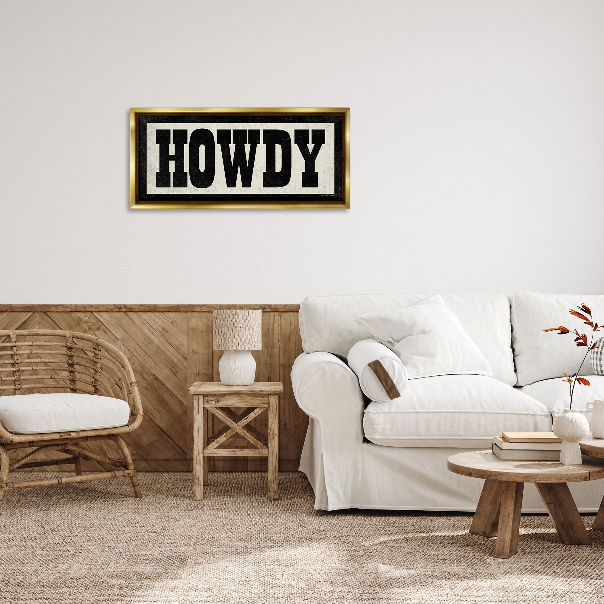Stupell Industries Vintage Howdy Sign Typography Painting Gold Floater Framed Canvas Art Print Wall Art, 31 x 14
