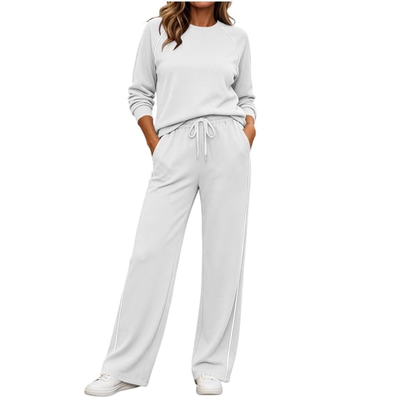 vdgthytj Tracksuits Womens Set 2 Piece Long Sleeve Crewneck Raglan Shoulder Contrast Piping Tops Drawstring Wide Leg Pants Fall Athleisure Outfits(X-Large,White)