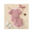 thumbnail image 3 of Liacowi 3Pcs Little Girls Sweet Style Outfit Clothes Set, Toddlers Summer Color Matching Lace Short Sleeve Round Collar Tops + Shorts + Headwear, 3 of 9