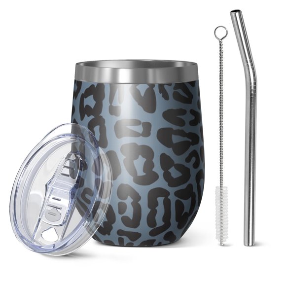 12oz Stemless Wine Tumblers Black Leopard Pattern Vacuum Insulated Stainless Steel Travel Tumbler Cups Mug with Lid and Straw for Champaign,Cocktail,Beer with Cleaning Brush
