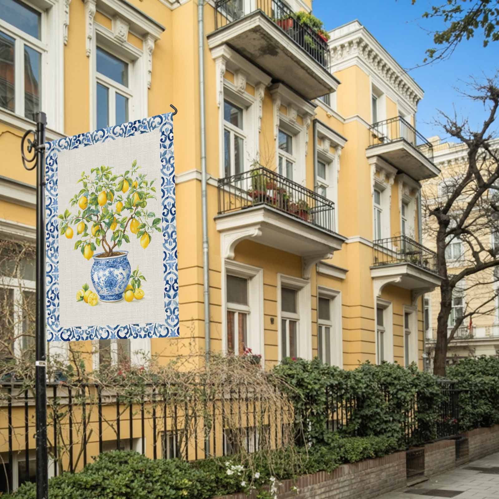 Summer Fruit House Flags For Outdoor, Watercolor Yellow Lemon Porcelain Potted Plant Small Double Side Yard Flags Weather Proof House Decor for Lawn Outside Holiday 28 x 40 Inches
