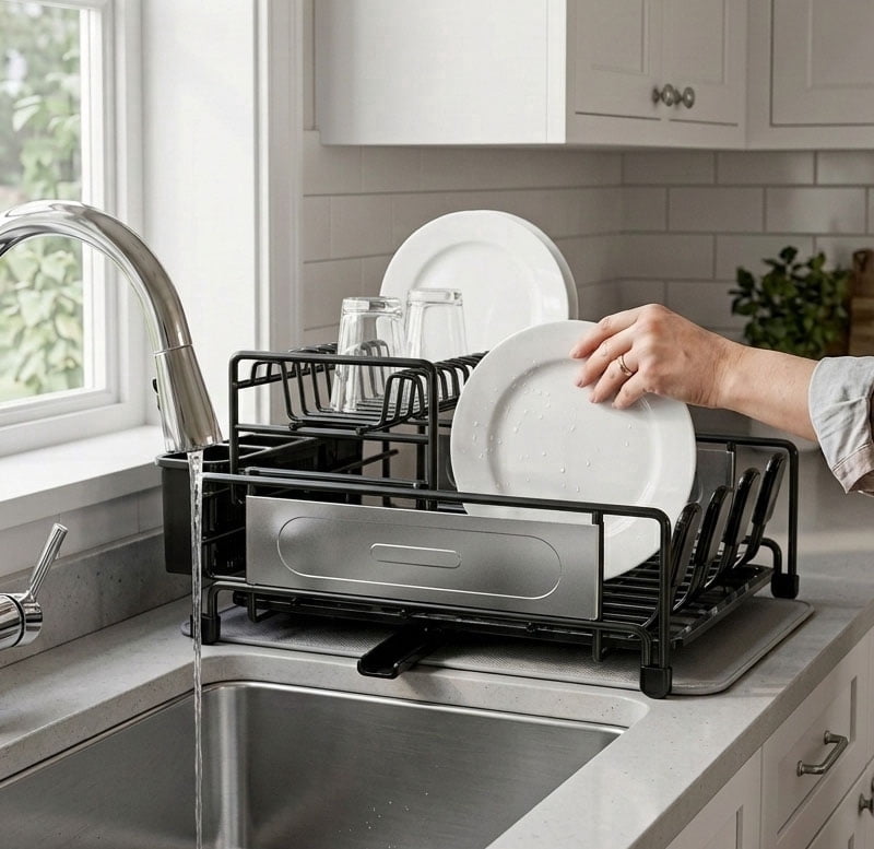 Large Dish Drying Rack for Kitchen Counter, Detachable Large Capacity Dish Drainer Organizer, 2-Tier Dish Racks with Utensil Holder, Black