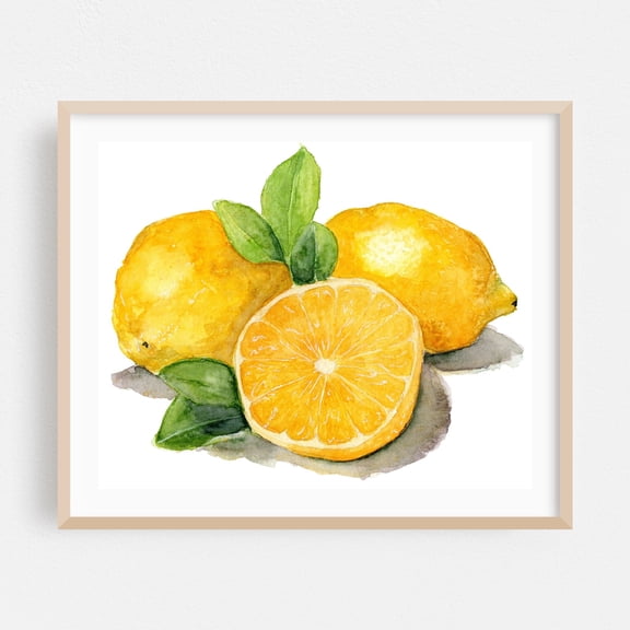 Lemons - Painting Lemon Watercolor Fruit Botanical Kitchen Decor Summer Illustration Oak Framed Wall Art Print 9 x 12 inches
