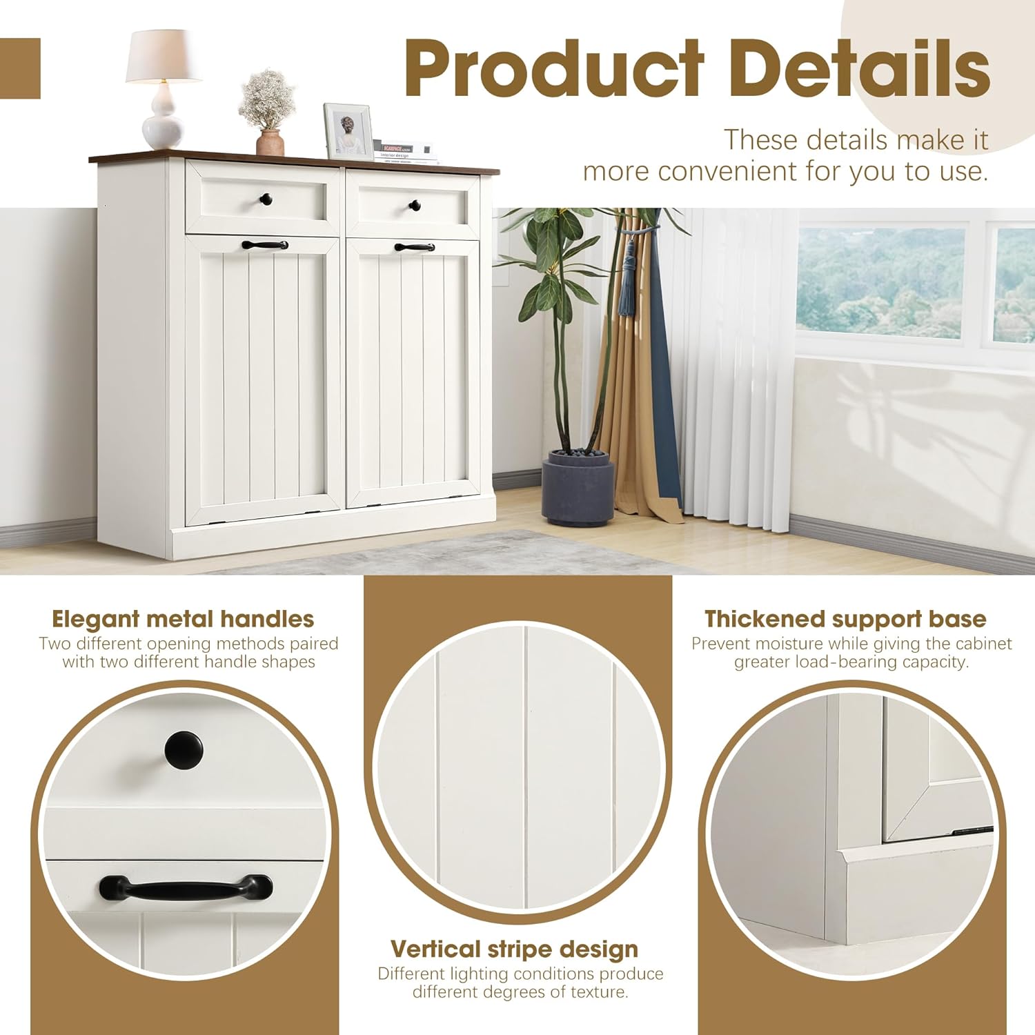 Magic Union Tilt Out Laundry Hamper Cabinets, 22 Gallon Double Hidden Laundry Hampers, Wooden Trash Can Cabinet W/2 Drawers, Farmhouse Garbage Can for Bathroom, Living Room, Kitchen