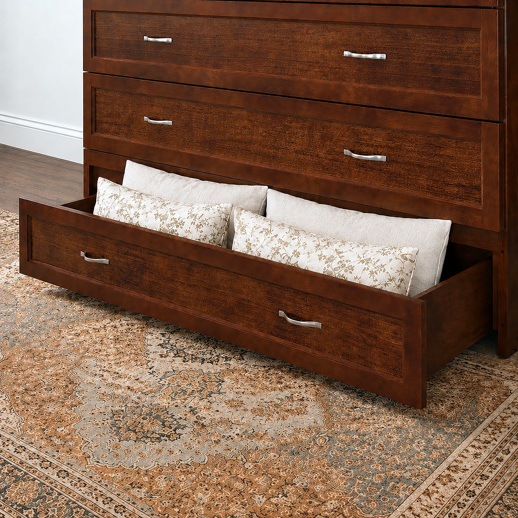 AFI Northfield Queen Solid Wood Murphy Bed Chest with Mattress, Drawer & Charger, Walnut