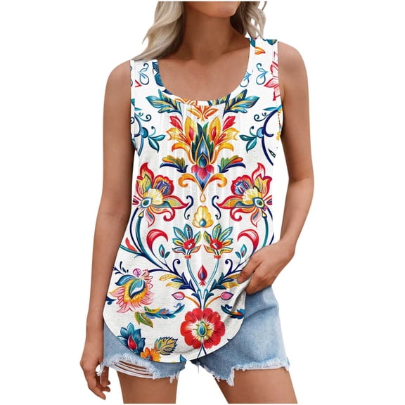 Gamivast Cute Tank Tops for Women Plus Size Floral Graphic Crew Neck Tunic Blouses Casual Sleeveless Loose Fit Shirts Summer Trendy Vacation Tops