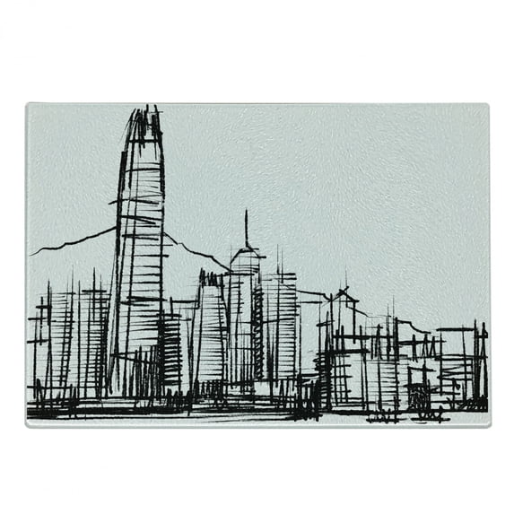 City Cutting Board, Grunge Sketchy Design Office Building Drawing Hong Kong Architecture Image, Decorative Tempered Glass Cutting and Serving Board, in 3 Sizes, by Ambesonne