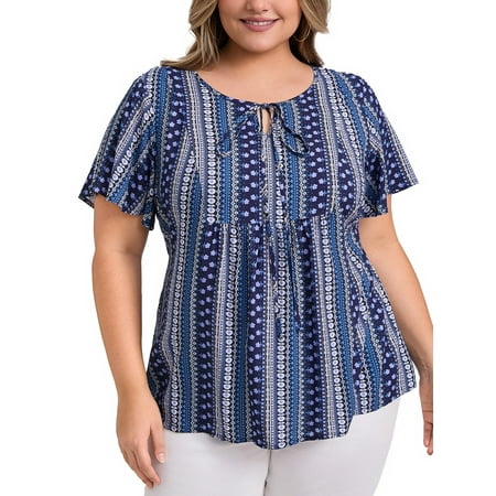 DARING DIVA Women's Plus Boho Print Tie Ruffle Short Sleeve Babydoll Top 2X Navy Blue