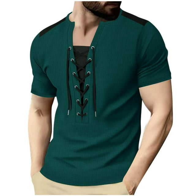Kyusrd Summer Tops for Men Shirt Men's Casual Color Blocked With Drawstring Round Neck Pullover Short Sleeve