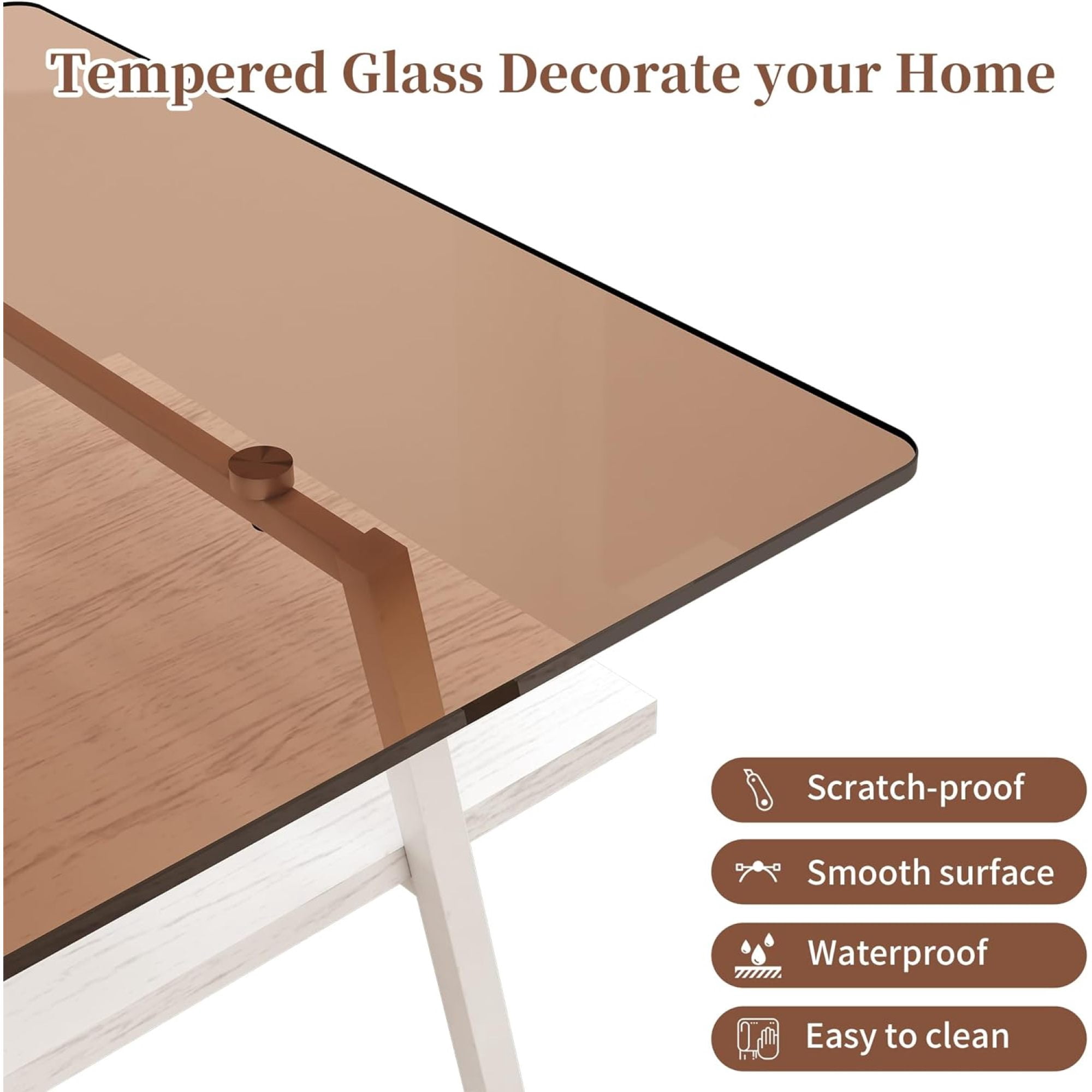 BJSN Glass Coffee Table for Living Room Small Gold Mid Century Coffee Table for Living Room with Wood Shelves (Black Frame, Transparent Glass   Brown Wood),Brown Glass   White Wood