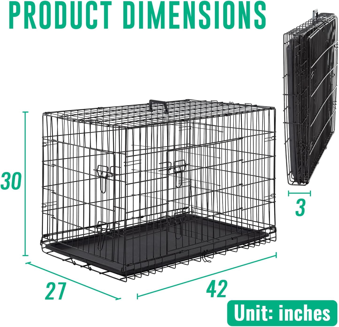 42 Inch Dog Crate for Large Dogs Folding Metal Wire Pet Cage Double Door with Divider Panel Indoor Outdoor Kennel Leak Proof Plastic Tray Black
