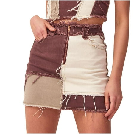 

Airpow Skirt Golf Dresses For Women Stretch Tight-fitting Hip Stitching Color Block Denim Short Skirt Women Coffee XL