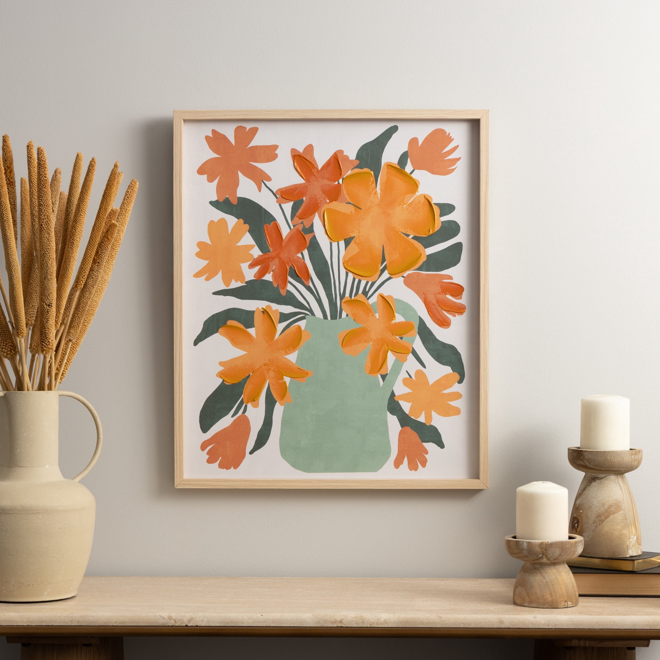 24" x 20" Floral Framed Wall Art with Green Leaves and Vase, by DecMode