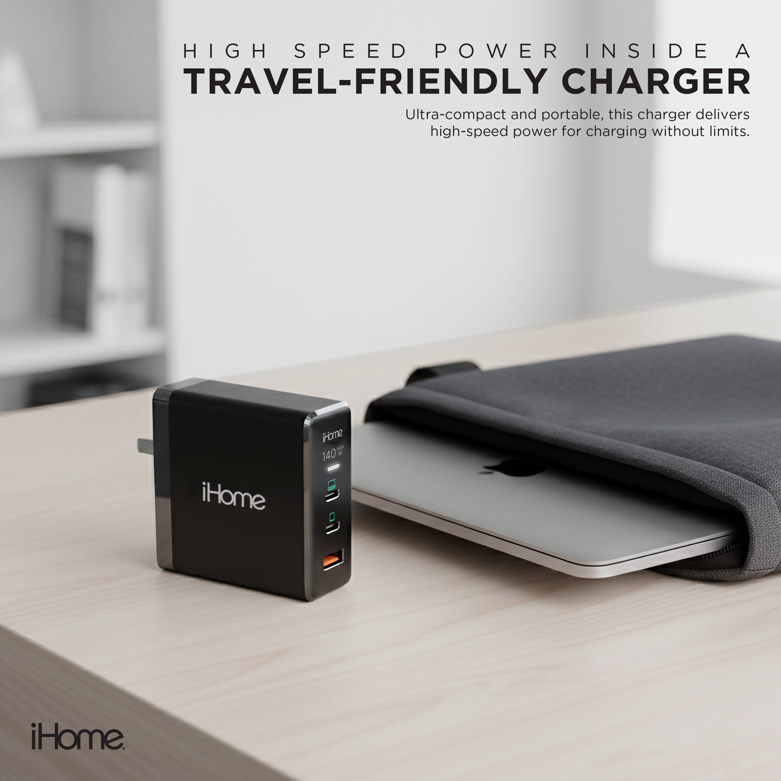 iHome 140W GaN Wall Charger with 6 ft USB-C Cable, Fast Charging, Powers Up to 3 Devices
