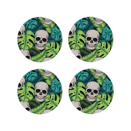 

Junzan Skull and Palm Leaves Print Coasters for Drinks - Leather Coasters Set of 4 for Coffee Table for Housewarming/Kitchen/Bar/Decor-Round Shape